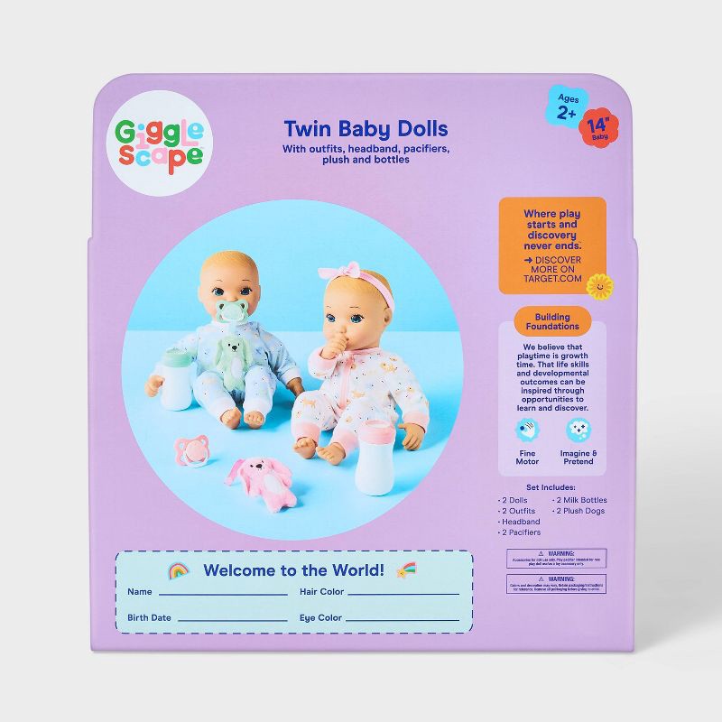 slide 5 of 5, 14" Boy Girl Twin Baby Dolls - Blonde Hair + Blue Eyes - Gigglescape™: PVC Material, Plush, 11 Pieces Set, 11 ct