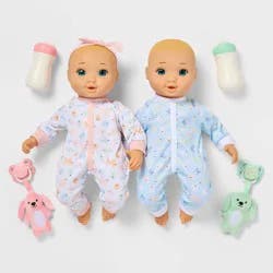 14" Boy Girl Twin Baby Dolls - Blonde Hair + Blue Eyes - Gigglescape™: PVC Material, Plush, 11 Pieces Set