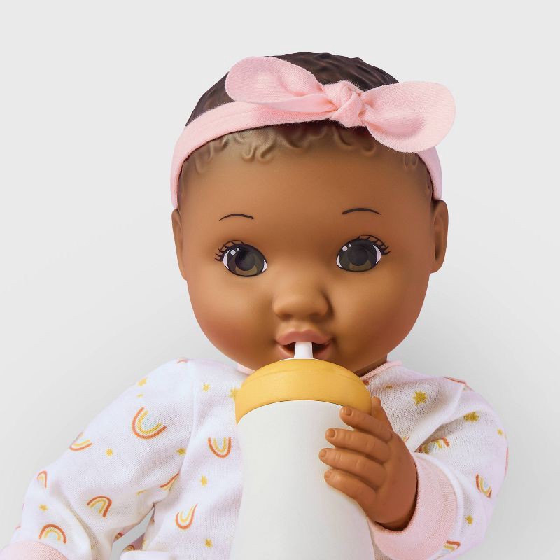 slide 3 of 5, 14" Nurturing Baby Doll - Dark Brown Hair + Brown Eyes - Gigglescape™: Includes Pacifier, Blanket, Headband, Bottle, 1 ct