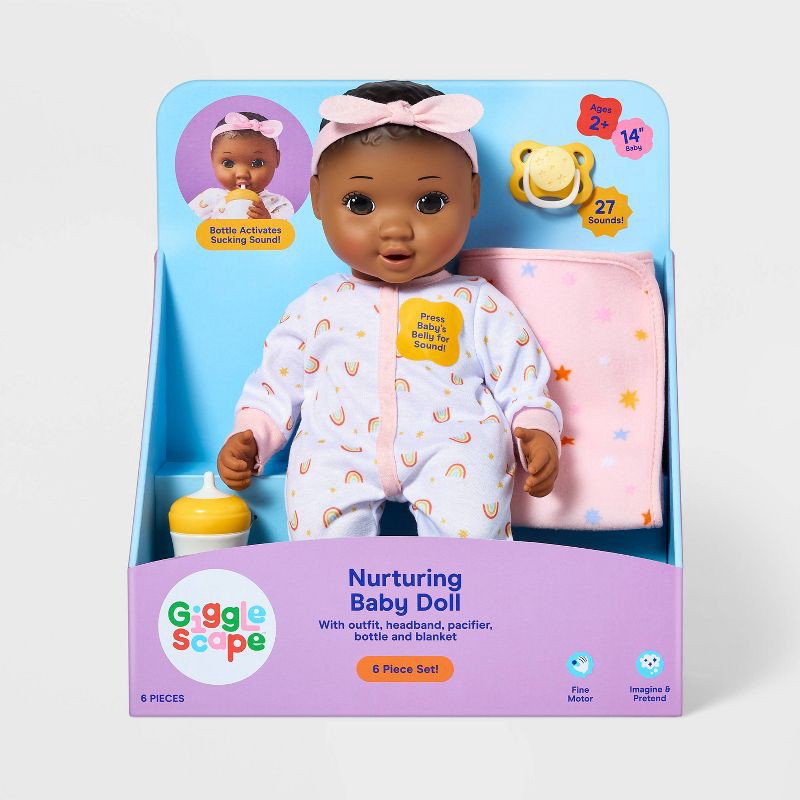 slide 4 of 5, 14" Nurturing Baby Doll - Dark Brown Hair + Brown Eyes - Gigglescape™: Includes Pacifier, Blanket, Headband, Bottle, 1 ct