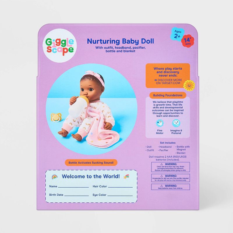 slide 5 of 5, 14" Nurturing Baby Doll - Dark Brown Hair + Brown Eyes - Gigglescape™: Includes Pacifier, Blanket, Headband, Bottle, 1 ct