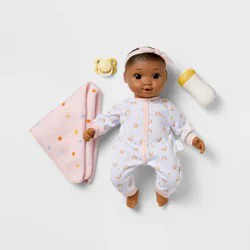 14" Nurturing Baby Doll - Dark Brown Hair + Brown Eyes - Gigglescape™: Includes Pacifier, Blanket, Headband, Bottle