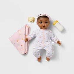 14" Nurturing Baby Doll - Dark Brown Hair + Brown Eyes - Gigglescape™: Includes Pacifier, Blanket, Headband, Bottle