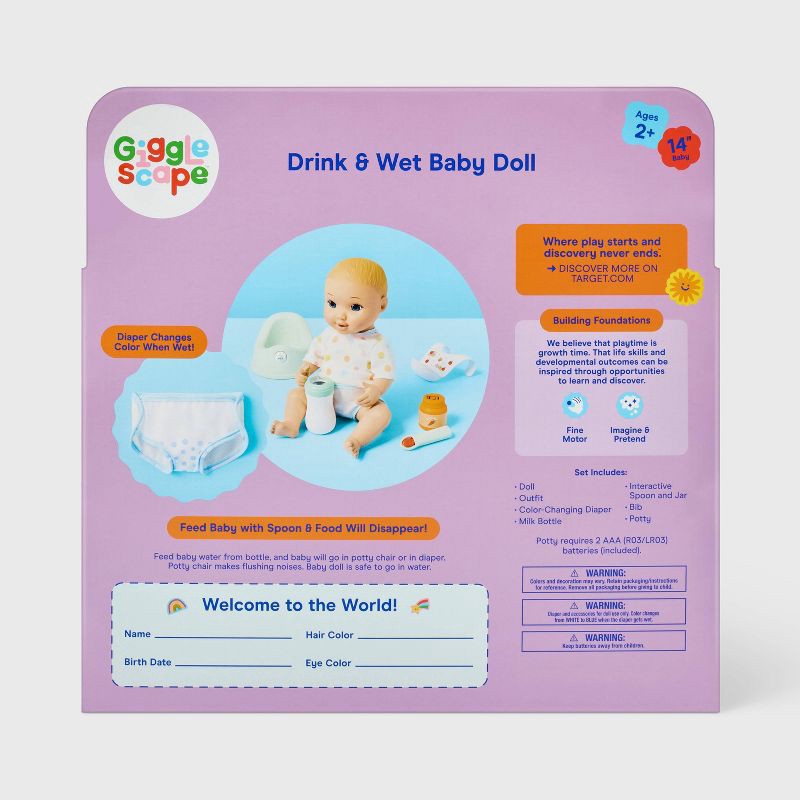 slide 5 of 5, 14" Drink and Wet Baby Doll - Blonde Hair + Blue Eyes - Gigglescape™: Includes Accessories & Potty Chair, 1 ct