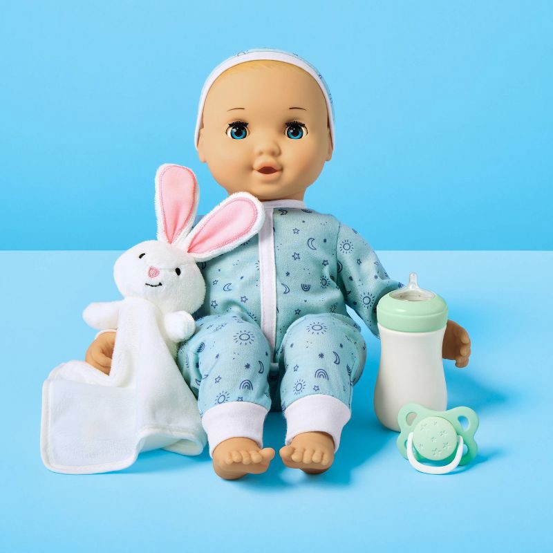 slide 2 of 5, 14" Snooze and Snuggle Baby Doll - Blonde Hair + Blue Eyes - Gigglescape™: Includes Plush, Pacifier, Bottle, 1 ct