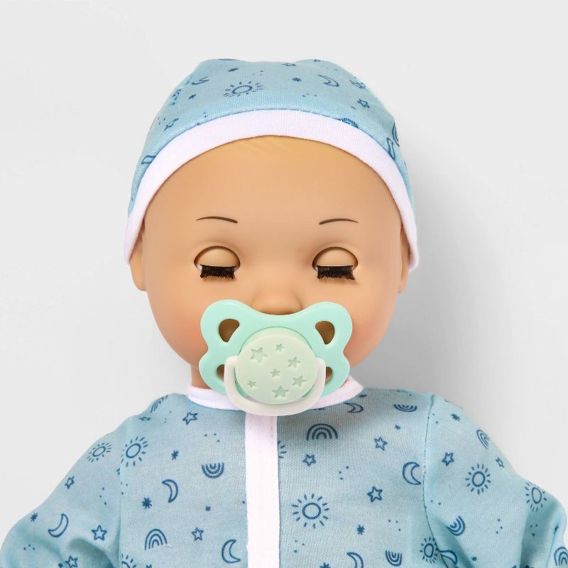 slide 3 of 5, 14" Snooze and Snuggle Baby Doll - Blonde Hair + Blue Eyes - Gigglescape™: Includes Plush, Pacifier, Bottle, 1 ct