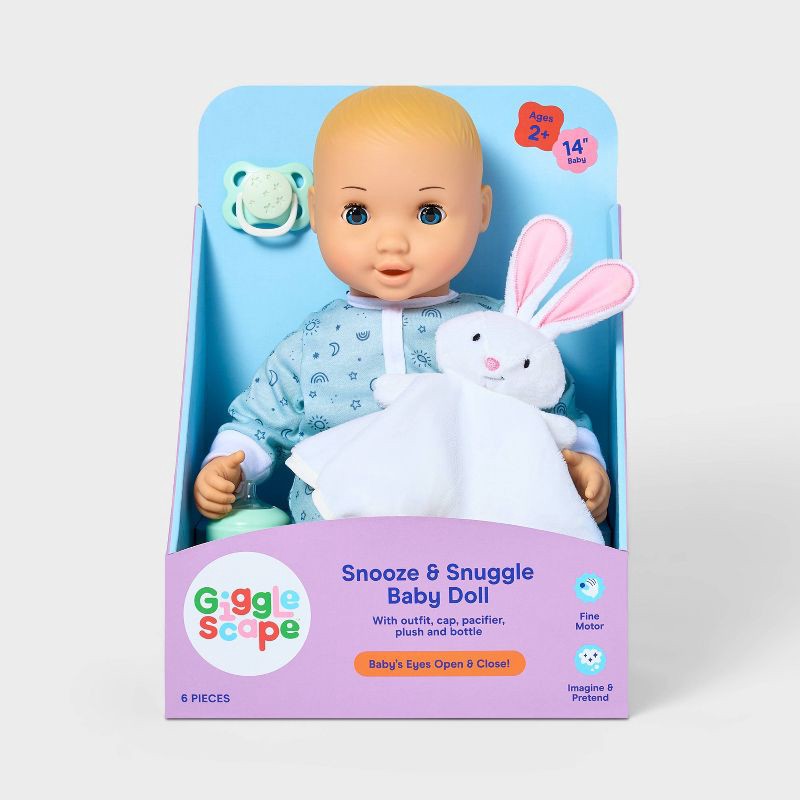 slide 4 of 5, 14" Snooze and Snuggle Baby Doll - Blonde Hair + Blue Eyes - Gigglescape™: Includes Plush, Pacifier, Bottle, 1 ct