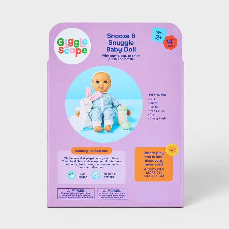 slide 5 of 5, 14" Snooze and Snuggle Baby Doll - Blonde Hair + Blue Eyes - Gigglescape™: Includes Plush, Pacifier, Bottle, 1 ct