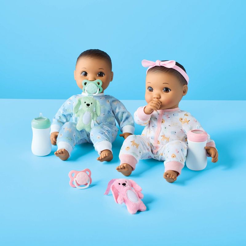 slide 2 of 5, 14" Boy Girl Twin Baby Dolls - Brown Hair + Brown Eyes - Gigglescape™, 1 ct