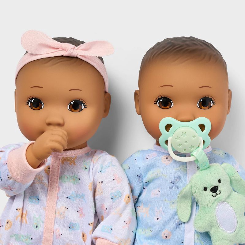 slide 3 of 5, 14" Boy Girl Twin Baby Dolls - Brown Hair + Brown Eyes - Gigglescape™, 1 ct