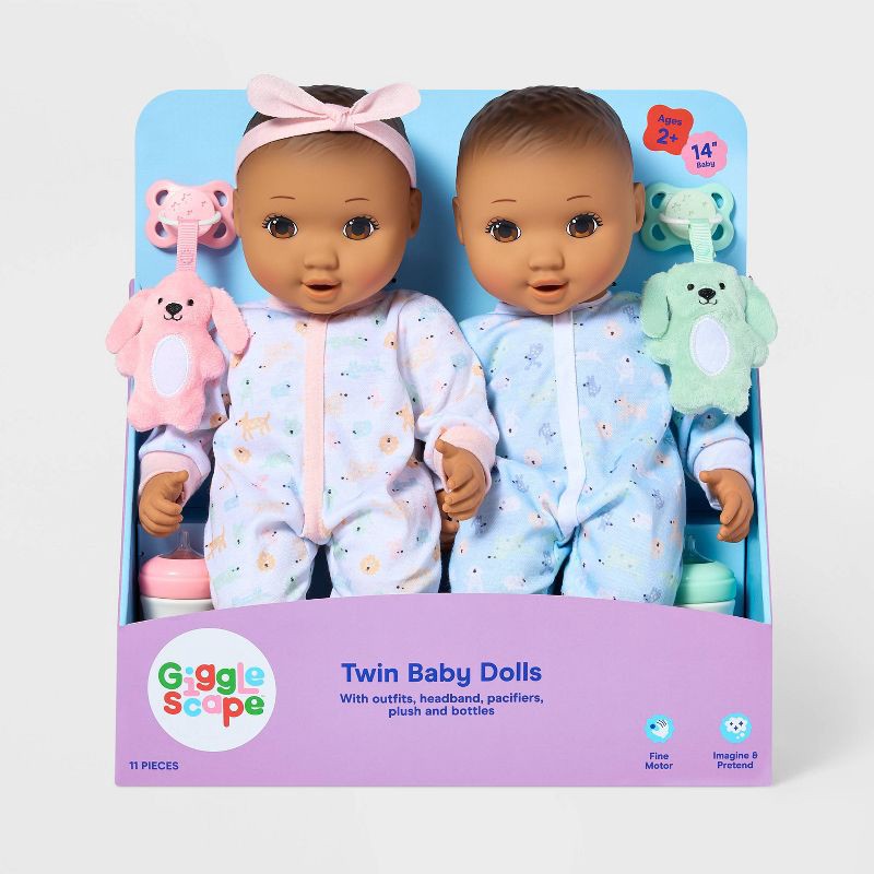 slide 4 of 5, 14" Boy Girl Twin Baby Dolls - Brown Hair + Brown Eyes - Gigglescape™, 1 ct