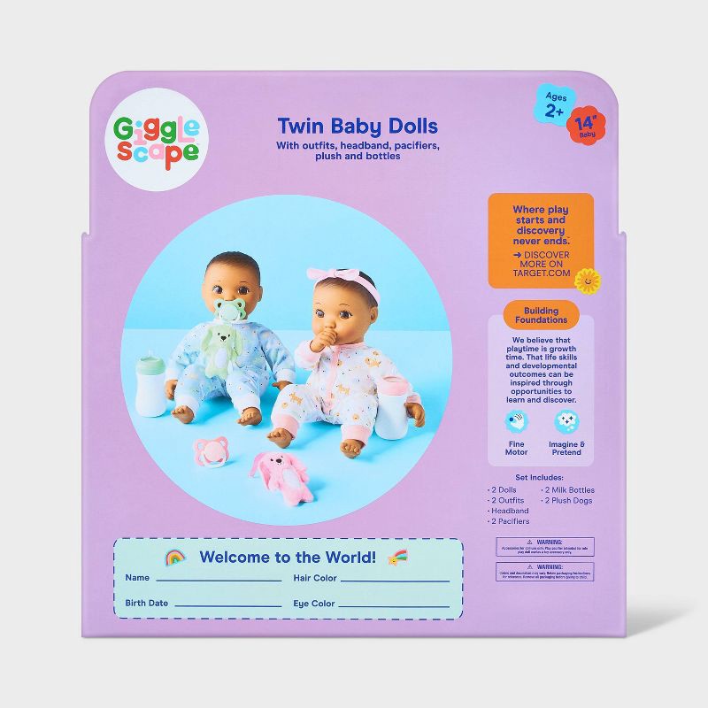 slide 5 of 5, 14" Boy Girl Twin Baby Dolls - Brown Hair + Brown Eyes - Gigglescape™, 1 ct