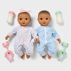 14" Boy Girl Twin Baby Dolls - Brown Hair + Brown Eyes - Gigglescape™: PVC Material, Plush, Pacifier, Bottle