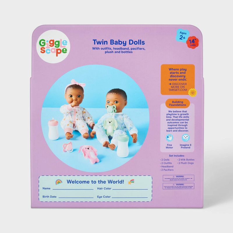 slide 5 of 5, 14" Boy Girl Twin Baby Dolls - Dark Brown Hair + Brown Eyes - Gigglescape™: Plush Accessories Set & Outfit, 1 ct