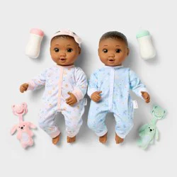 14" Boy Girl Twin Baby Dolls - Dark Brown Hair + Brown Eyes - Gigglescape™: Plush Accessories Set & Outfit