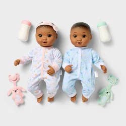 14" Boy Girl Twin Baby Dolls - Dark Brown Hair + Brown Eyes - Gigglescape™: Plush Accessories Set & Outfit