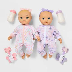 14" Girl Twin Baby Dolls - Blonde Hair + Blue Eyes - Gigglescape™: Includes Plush, Pacifier, Bottle, Outfits