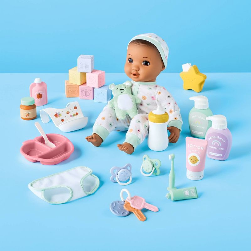 slide 2 of 5, 14" Baby Doll Set - Brown Hair + Brown Eyes - Gigglescape™, 1 ct