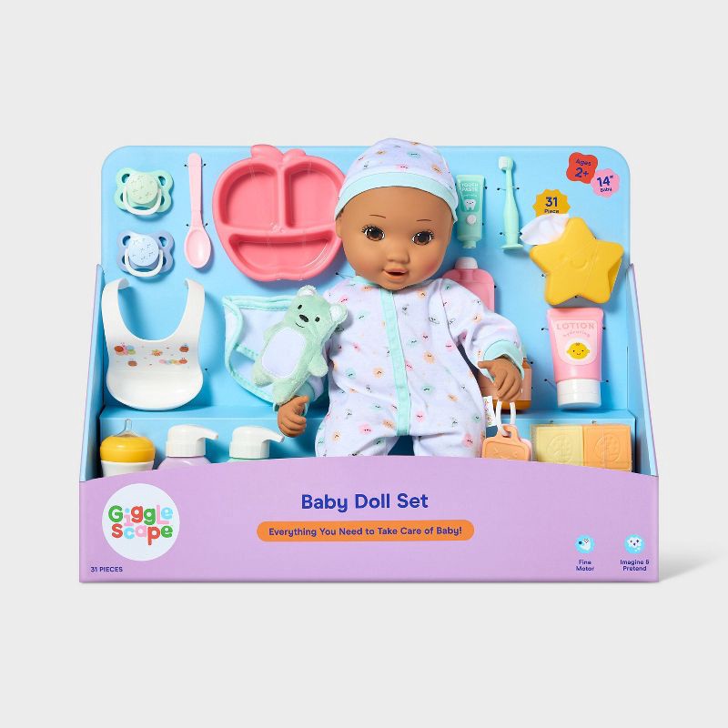 slide 4 of 5, 14" Baby Doll Set - Brown Hair + Brown Eyes - Gigglescape™, 1 ct