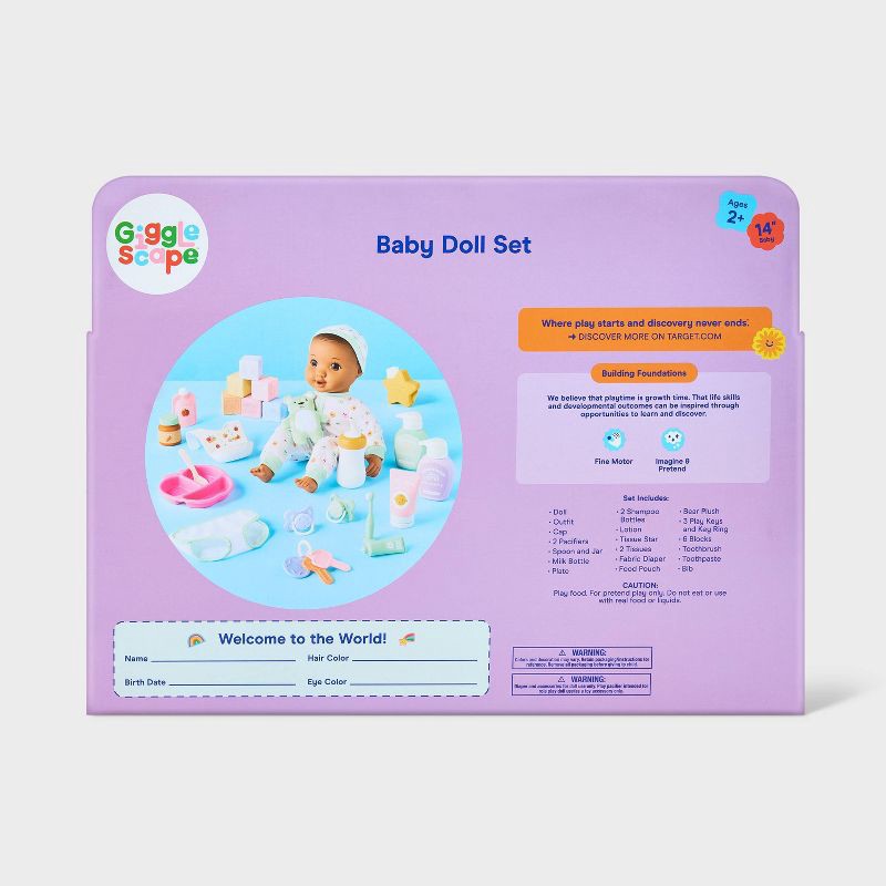 slide 5 of 5, 14" Baby Doll Set - Brown Hair + Brown Eyes - Gigglescape™, 1 ct