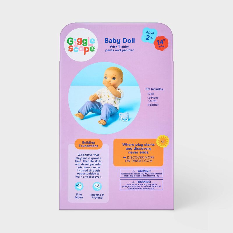 slide 5 of 5, 14" Boy Baby Doll - Blonde Hair + Blue Eyes - Gigglescape™: Straight Hair, Includes Pacifier & Outfit, 1 ct