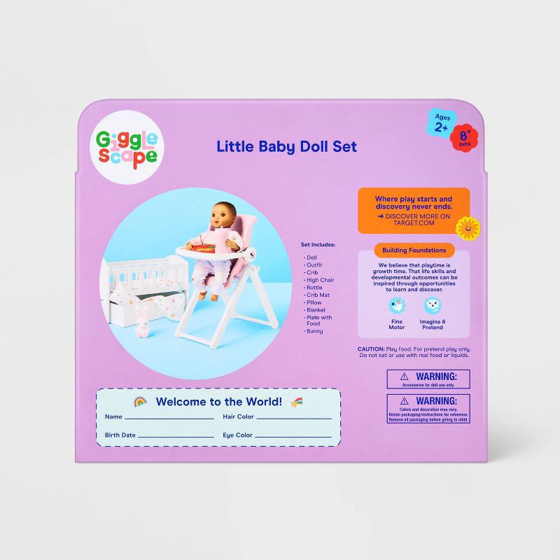 slide 4 of 4, 8" Little Baby Doll Set - Brown Hair + Brown Eyes - Gigglescape™, 1 ct