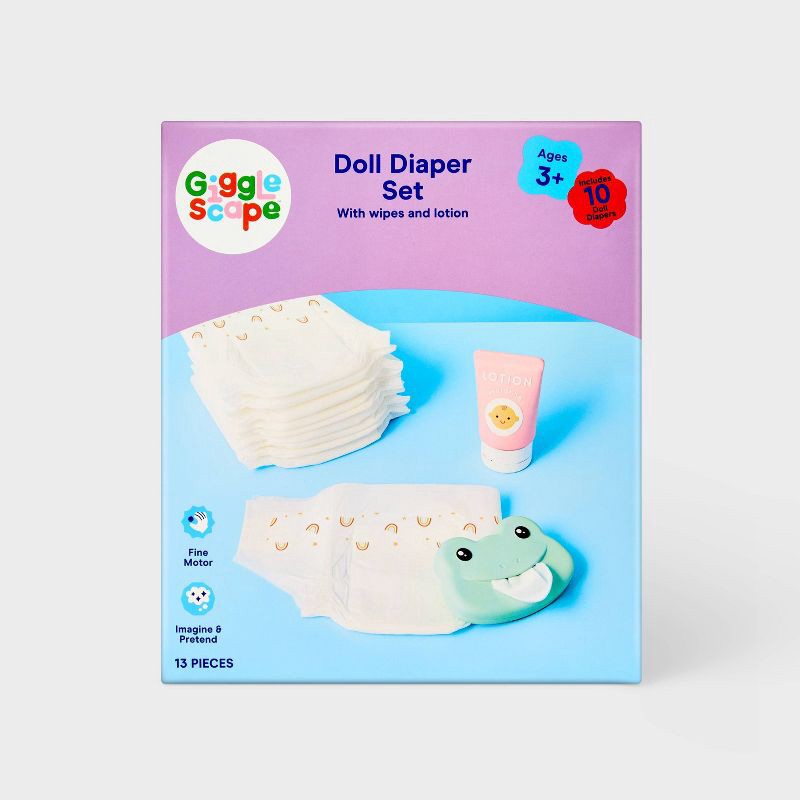 slide 3 of 4, Doll Diaper Set - Gigglescape™: 13-Piece Baby Doll Accessories with Lotion & Toy Wipes, 1 ct