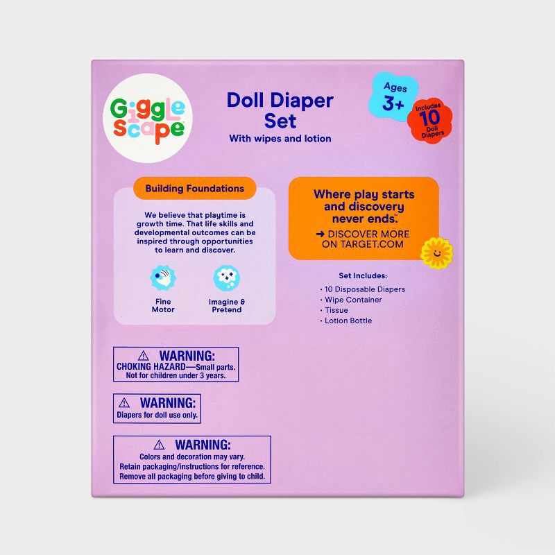 slide 4 of 4, Doll Diaper Set - Gigglescape™: 13-Piece Baby Doll Accessories with Lotion & Toy Wipes, 1 ct