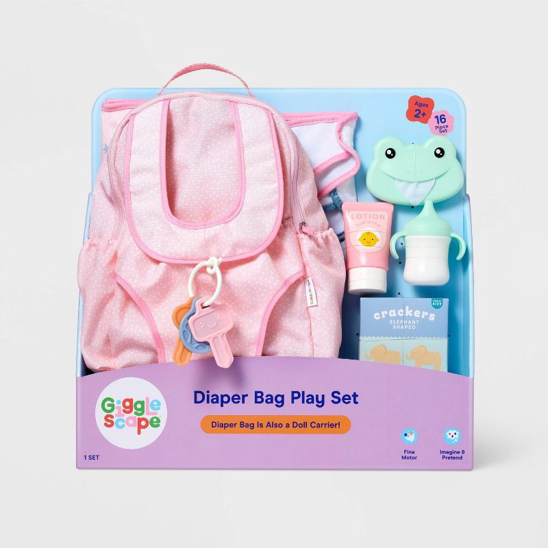 slide 4 of 5, Baby Doll Diaper Bag Play Set - Gigglescape™: Includes Diapers, Changing Pad & Toy Accessories, 1 ct