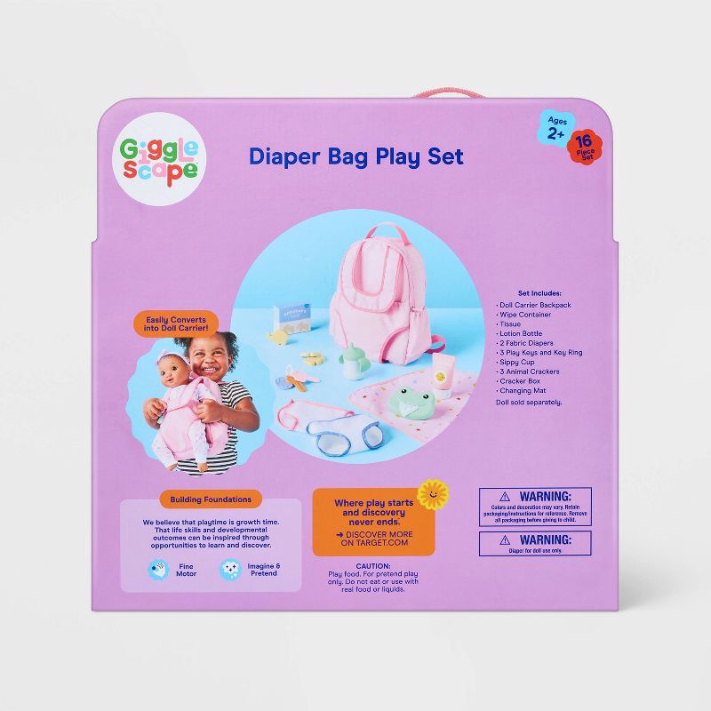 slide 5 of 5, Baby Doll Diaper Bag Play Set - Gigglescape™: Includes Diapers, Changing Pad & Toy Accessories, 1 ct