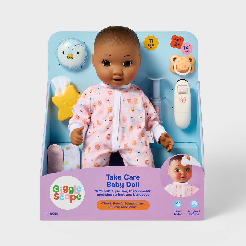 slide 5 of 6, 14" Take Care Baby Doll - Dark Brown Hair + Brown Eyes - Gigglescape™, 1 ct