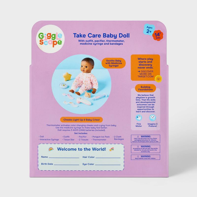 slide 6 of 6, 14" Take Care Baby Doll - Dark Brown Hair + Brown Eyes - Gigglescape™, 1 ct
