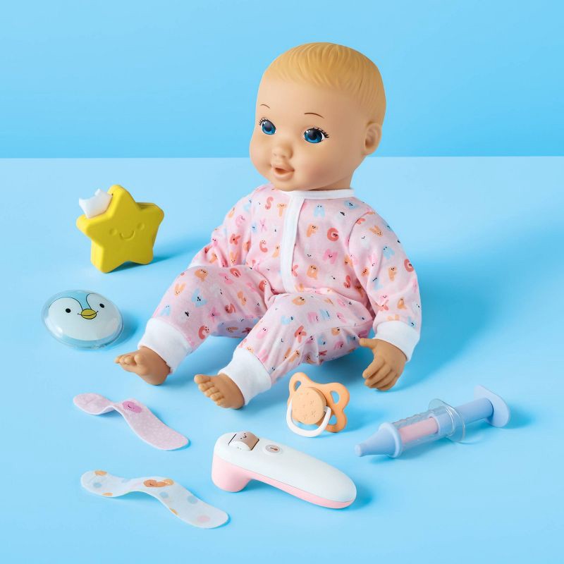 slide 2 of 6, 14" Take Care Baby Doll - Blonde Hair + Blue Eyes - Gigglescape™: Includes Accessories and Outfit, 1 ct