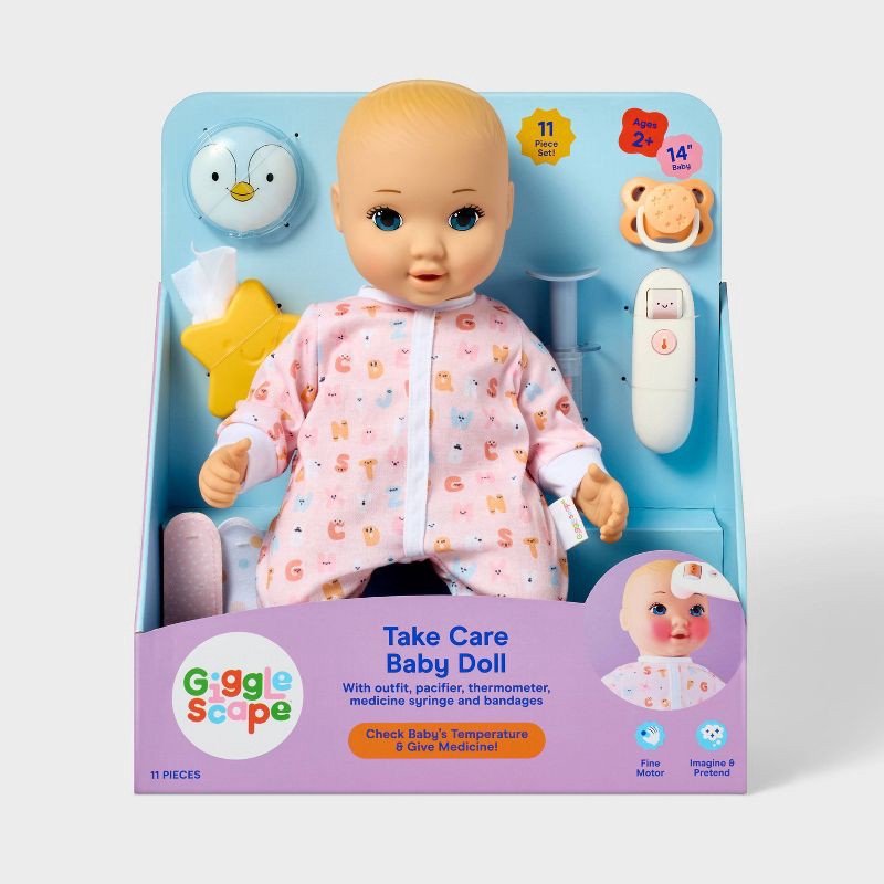 slide 5 of 6, 14" Take Care Baby Doll - Blonde Hair + Blue Eyes - Gigglescape™: Includes Accessories and Outfit, 1 ct