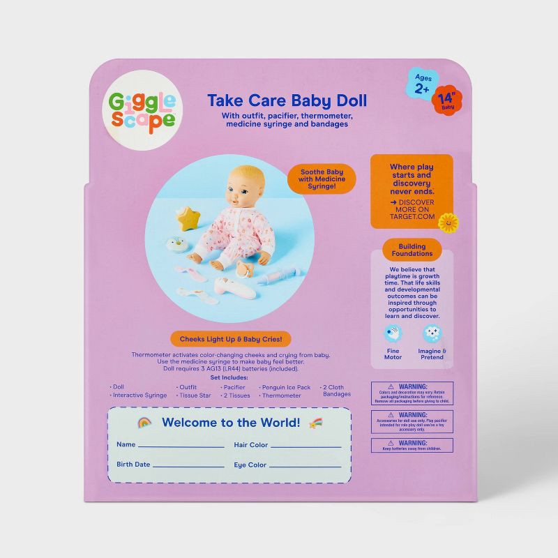 slide 6 of 6, 14" Take Care Baby Doll - Blonde Hair + Blue Eyes - Gigglescape™: Includes Accessories and Outfit, 1 ct