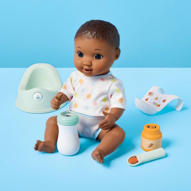 slide 2 of 5, 14" Drink and Wet Baby Doll - Dark Brown Hair + Brown Eyes - Gigglescape™: Includes Spoon, Bib, Potty Chair, Diaper, 1 ct