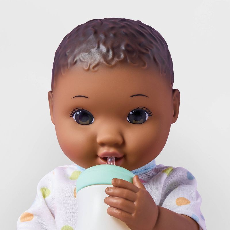 slide 3 of 5, 14" Drink and Wet Baby Doll - Dark Brown Hair + Brown Eyes - Gigglescape™: Includes Spoon, Bib, Potty Chair, Diaper, 1 ct