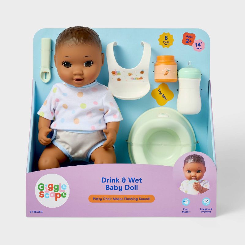 slide 4 of 5, 14" Drink and Wet Baby Doll - Dark Brown Hair + Brown Eyes - Gigglescape™: Includes Spoon, Bib, Potty Chair, Diaper, 1 ct