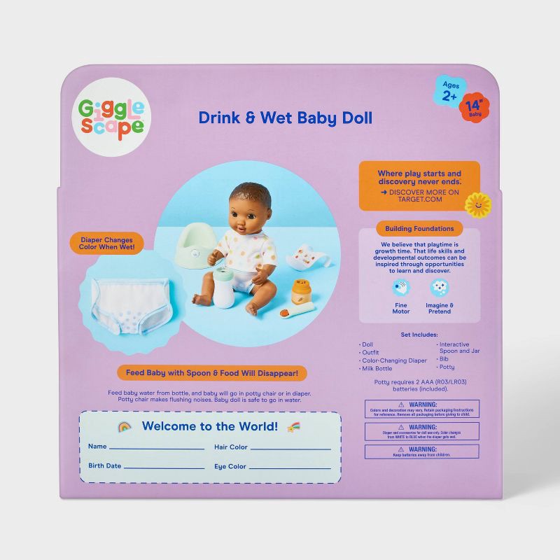 slide 5 of 5, 14" Drink and Wet Baby Doll - Dark Brown Hair + Brown Eyes - Gigglescape™: Includes Spoon, Bib, Potty Chair, Diaper, 1 ct
