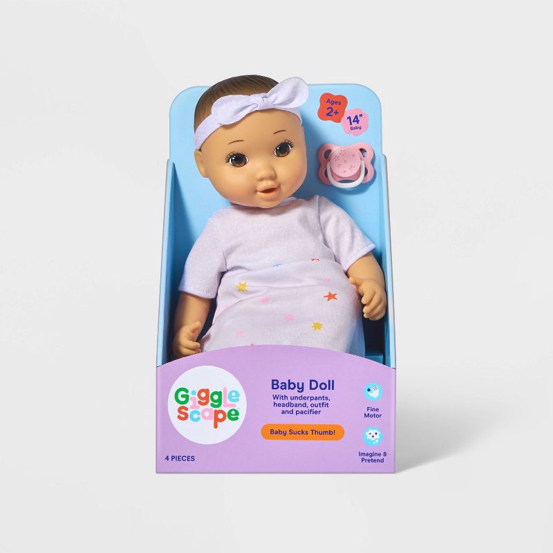 slide 4 of 5, 14" Girl Baby Doll - Light Brown Hair + Brown Eyes - Gigglescape™: Pacifier & Outfit Included, 1 ct