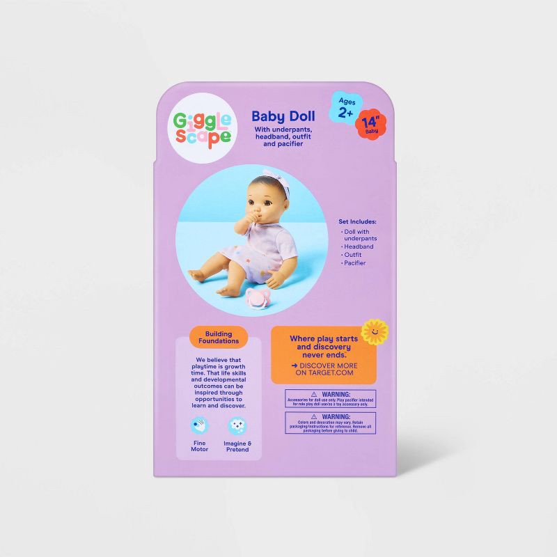 slide 5 of 5, 14" Girl Baby Doll - Light Brown Hair + Brown Eyes - Gigglescape™: Pacifier & Outfit Included, 1 ct