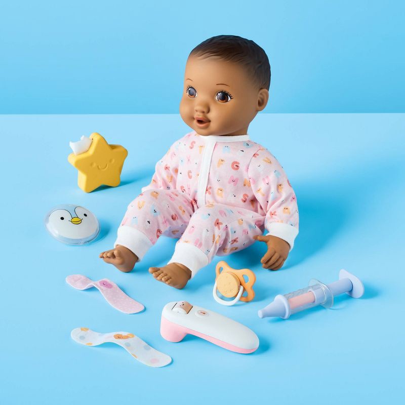 slide 2 of 6, 14" Take Care Baby Doll - Brown Hair + Brown Eyes - Gigglescape™: Includes Pretend Doctor Accessories Set, 1 ct