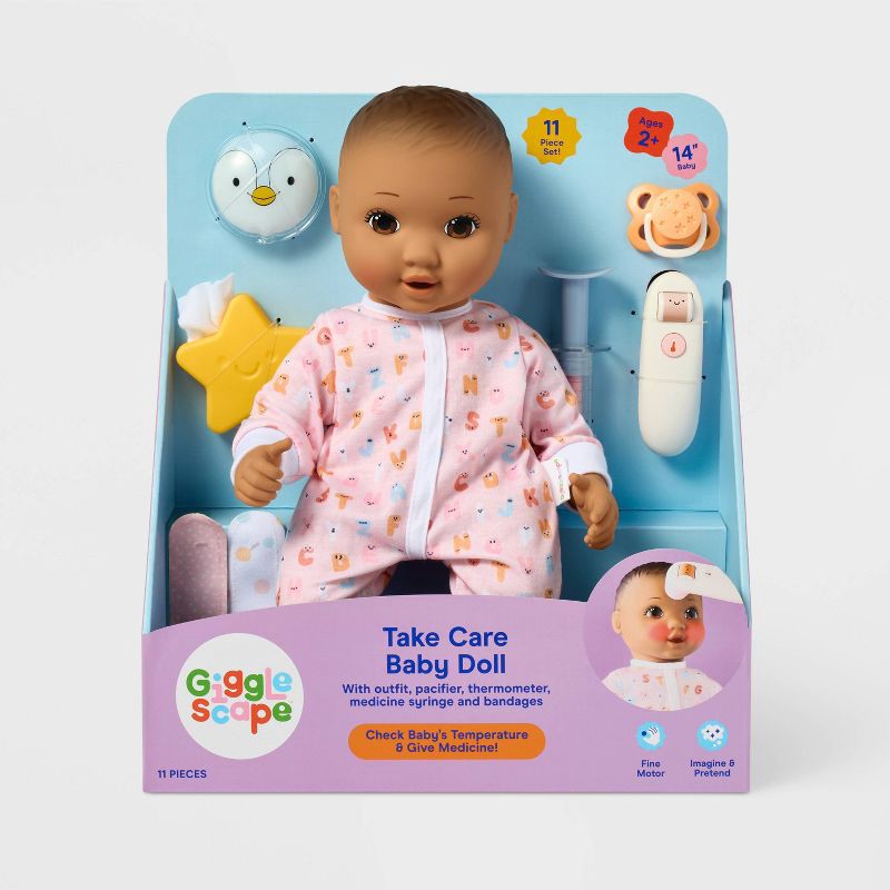 slide 5 of 6, 14" Take Care Baby Doll - Brown Hair + Brown Eyes - Gigglescape™: Includes Pretend Doctor Accessories Set, 1 ct
