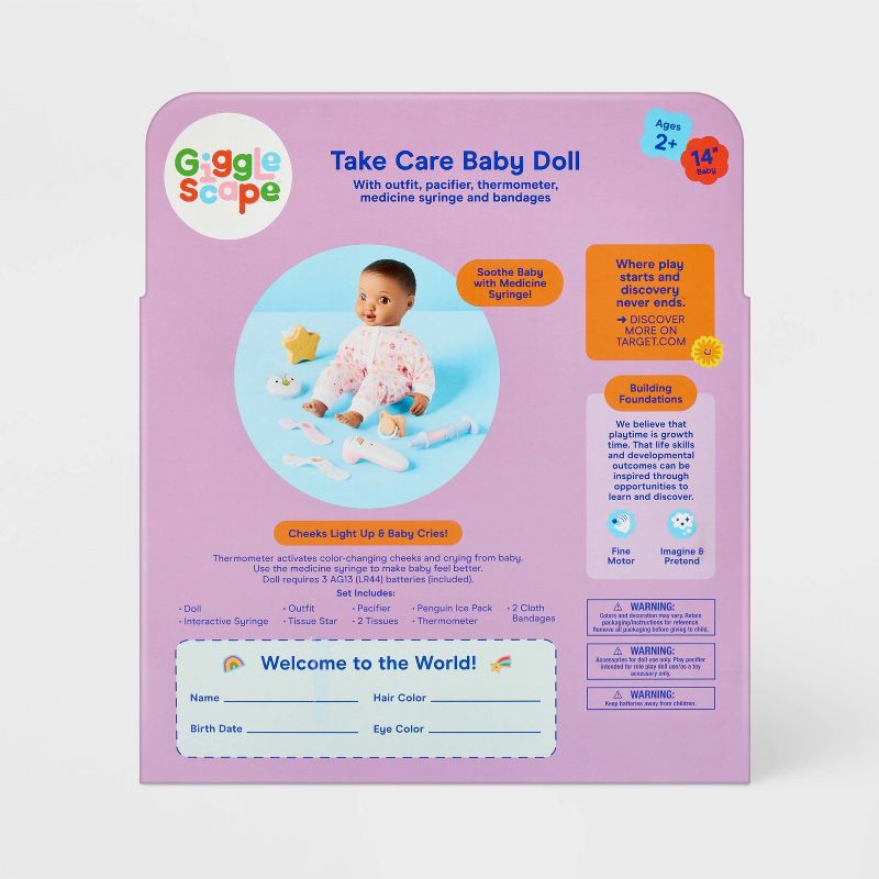 slide 6 of 6, 14" Take Care Baby Doll - Brown Hair + Brown Eyes - Gigglescape™: Includes Pretend Doctor Accessories Set, 1 ct