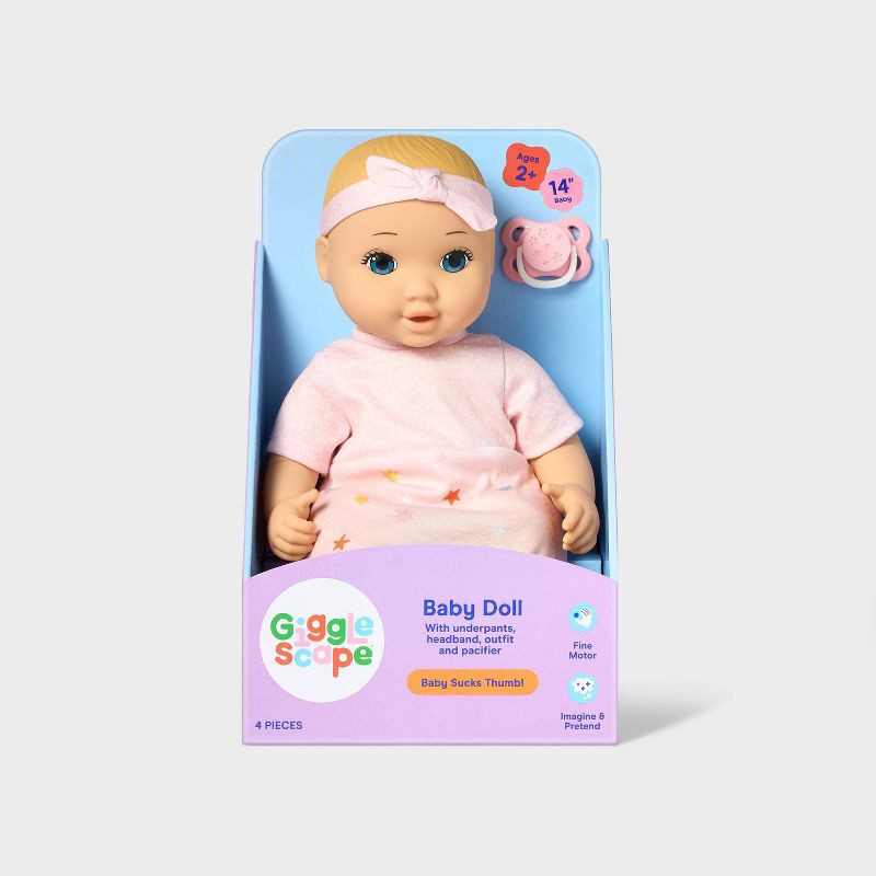 slide 4 of 5, 14" Girl Baby Doll - Blonde Hair + Blue Eyes - Gigglescape™, 1 ct