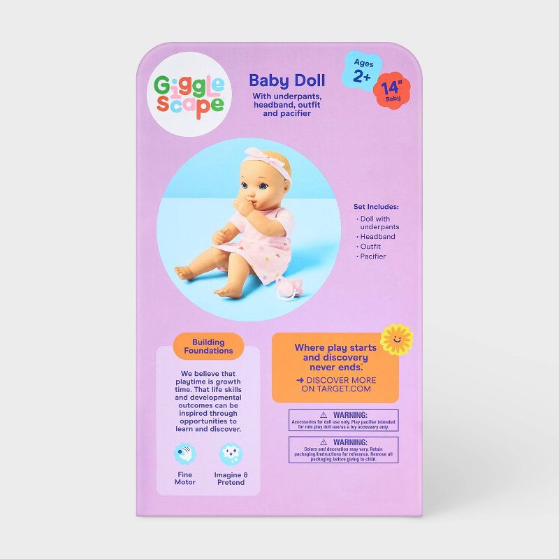 slide 5 of 5, 14" Girl Baby Doll - Blonde Hair + Blue Eyes - Gigglescape™, 1 ct