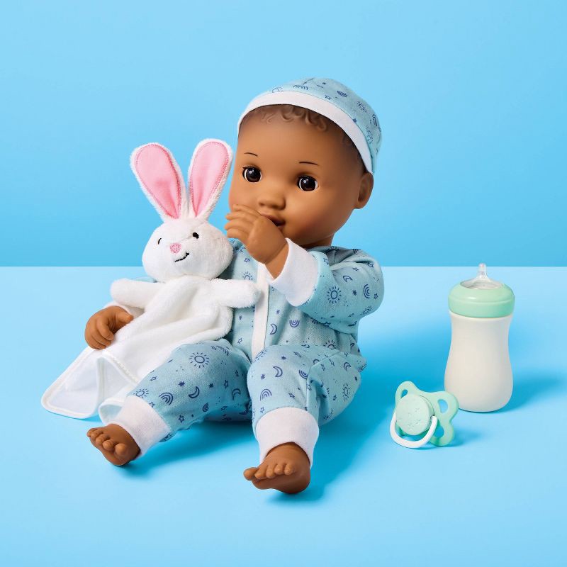 slide 2 of 5, 14" Snooze and Snuggle Baby Doll - Dark Brown Hair + Brown Eyes - Gigglescape™: Curly Hair Includes 6 Pieces, 6 ct