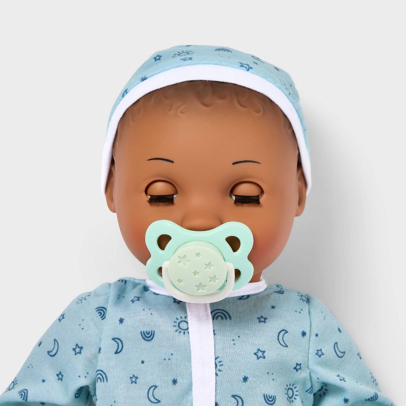 slide 3 of 5, 14" Snooze and Snuggle Baby Doll - Dark Brown Hair + Brown Eyes - Gigglescape™: Curly Hair Includes 6 Pieces, 6 ct