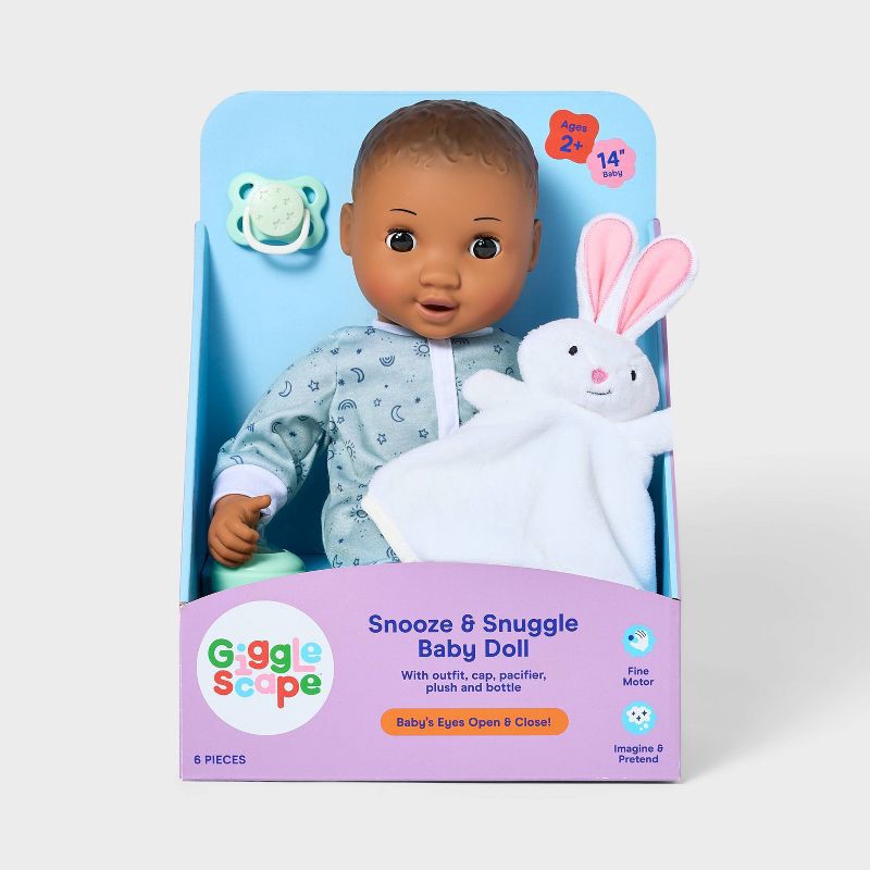 slide 4 of 5, 14" Snooze and Snuggle Baby Doll - Dark Brown Hair + Brown Eyes - Gigglescape™: Curly Hair Includes 6 Pieces, 6 ct