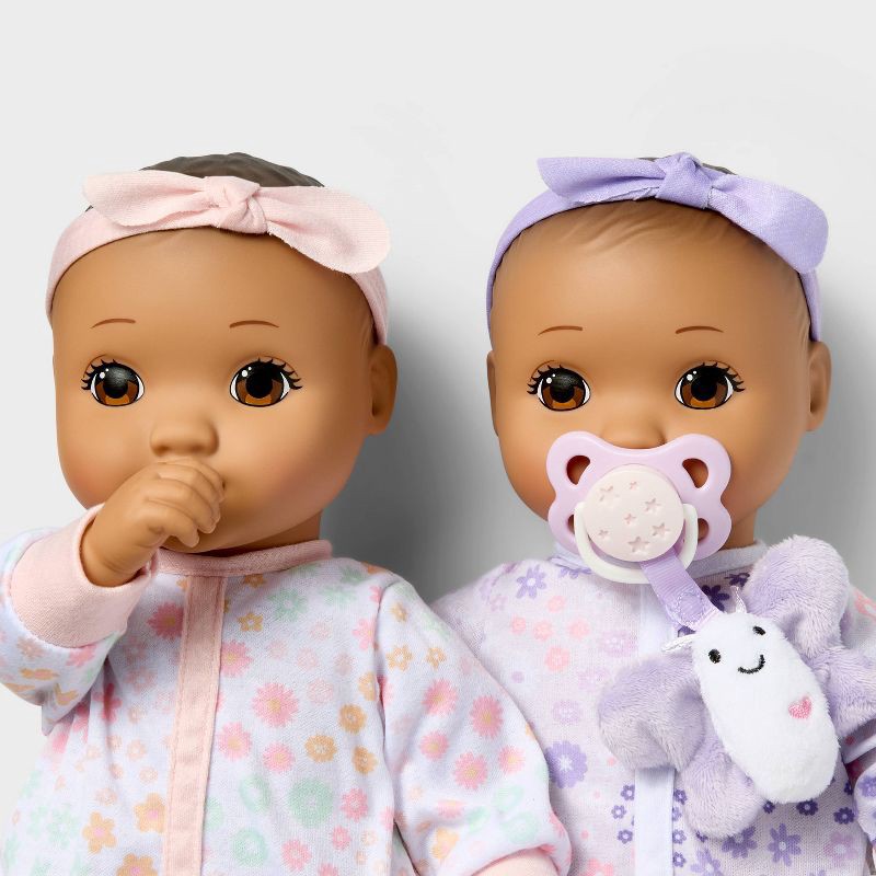 slide 3 of 5, 14" Girl Twin Baby Dolls - Brown Hair/Eyes - Gigglescape™: Includes Pacifier, Bottle & Plush Outfits, 1 ct